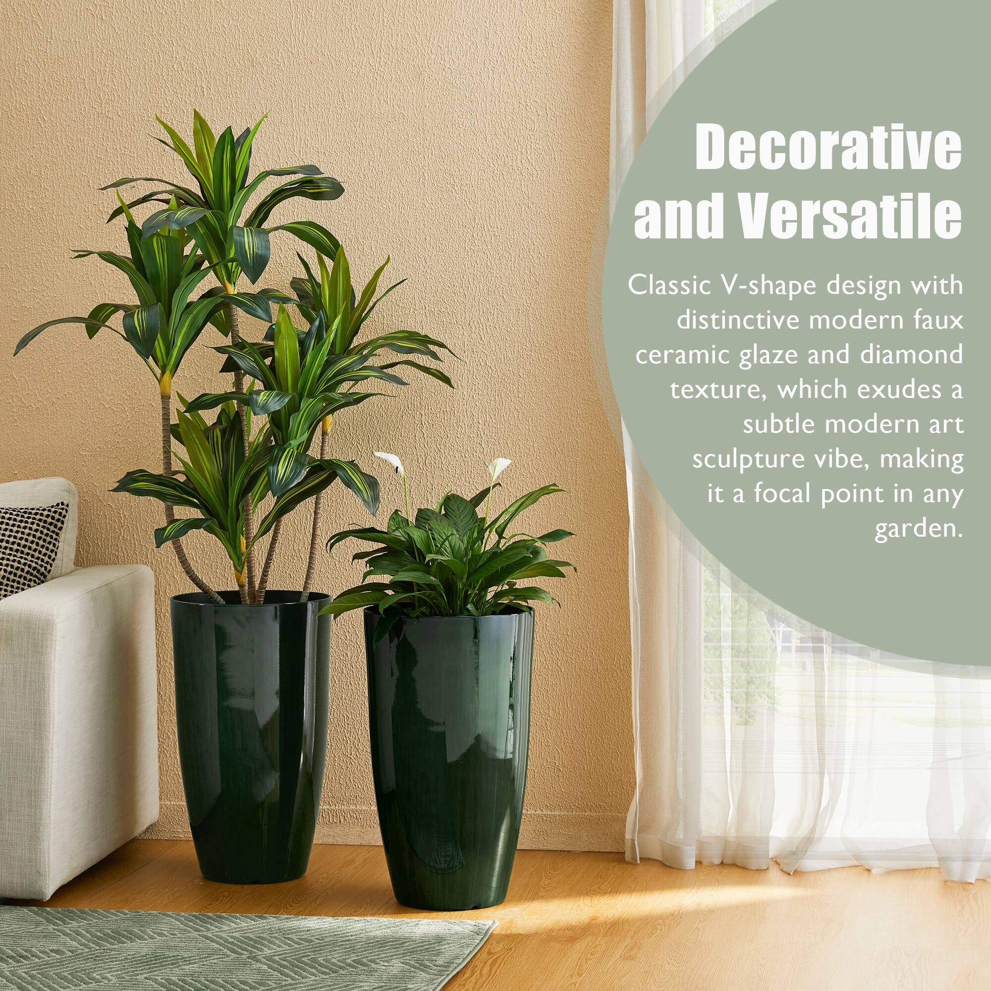 Glitzhome® 23.5" Gradient Green Faux Ceramic Tall Plastic Planters, 2ct.